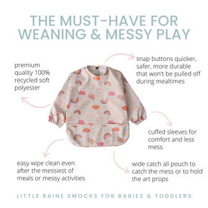 long sleeve weaning bib, coverall bib. design rainbow
