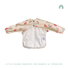 Load image into Gallery viewer, long sleeve weaning bib, coverall bib. design  rainbows
