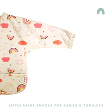 Load image into Gallery viewer, long sleeve weaning bib, coverall bib. design  rainbows
