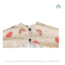 Load image into Gallery viewer, long sleeve weaning bib, coverall bib. design  rainbows
