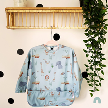 Load image into Gallery viewer, Long Sleeve Weaning Bib &amp; Matching Bag &quot;Safari Blue&quot;

