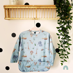 Long Sleeve Weaning Bib & Matching Bag "Safari Blue"