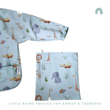 Load image into Gallery viewer, Long Sleeve Weaning Bib &amp; Matching Bag &quot;Safari Blue&quot;
